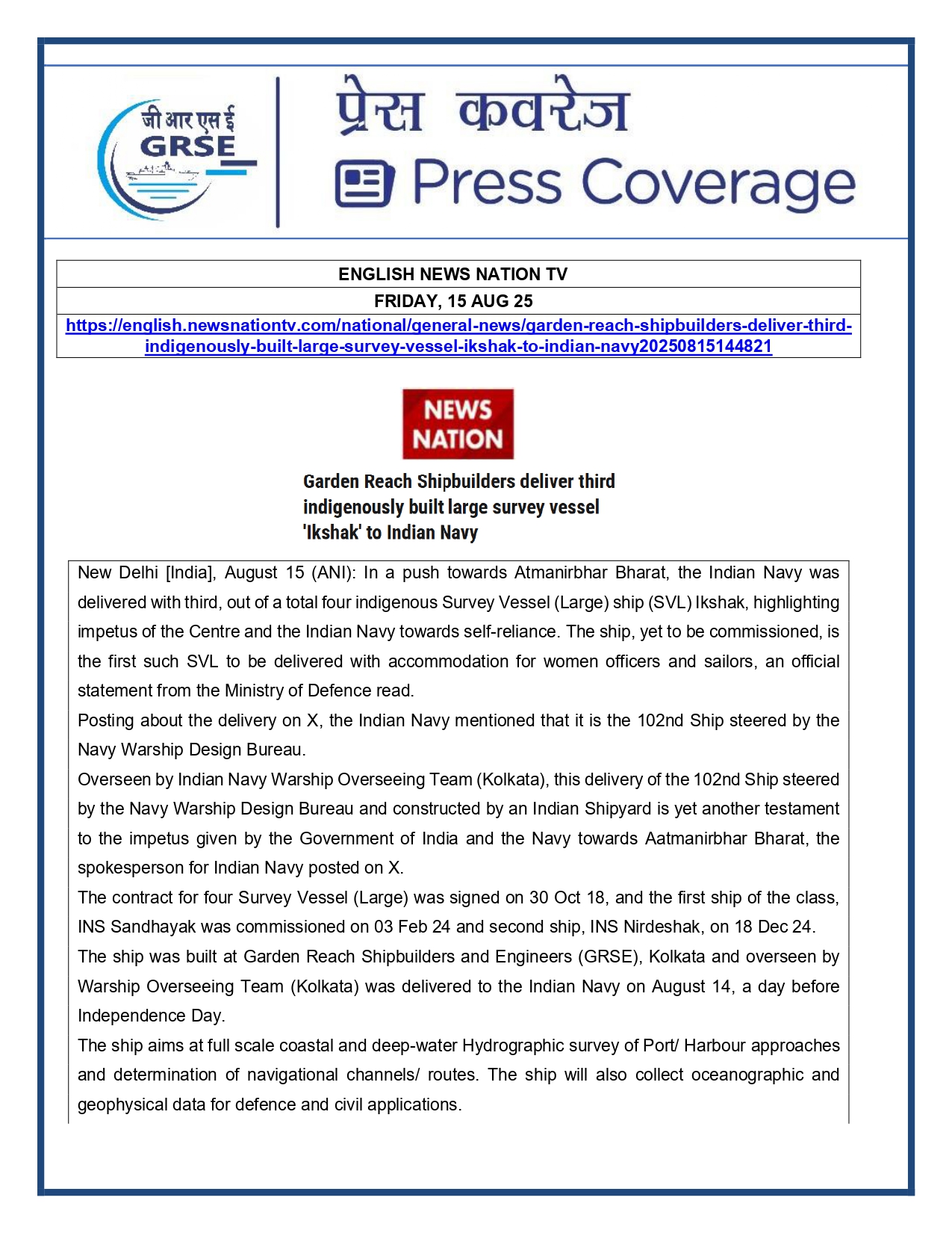Press Coverage : 15 Aug 25:Navy takes delivery of Third Survey Vessel 'Ikshak' from GRSE